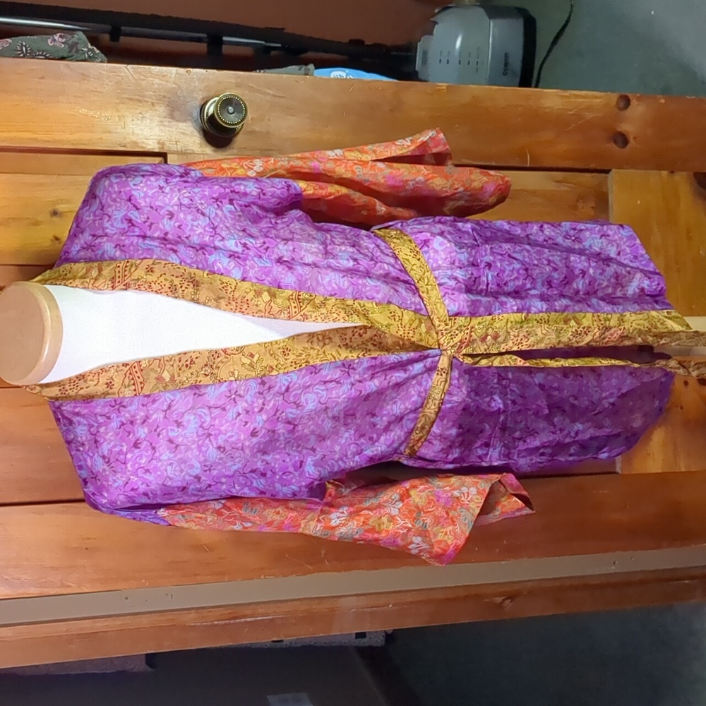 100% SILK kimono duster jacket tie front purple orange and yellow gold w/floral